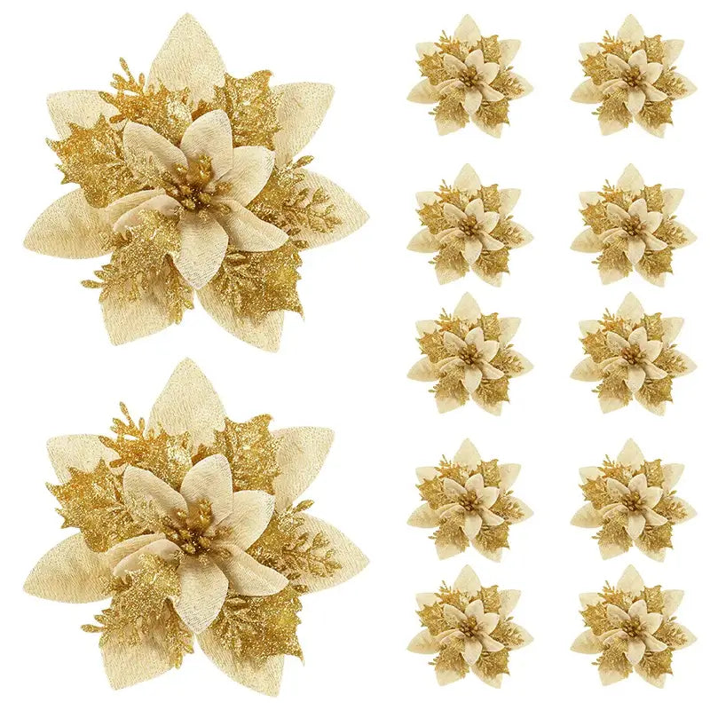 Gold glitter poinsettia ornaments in a 5/10Pcs set. Luxurious floral accents for Christmas trees, wreaths, and festive home decor.