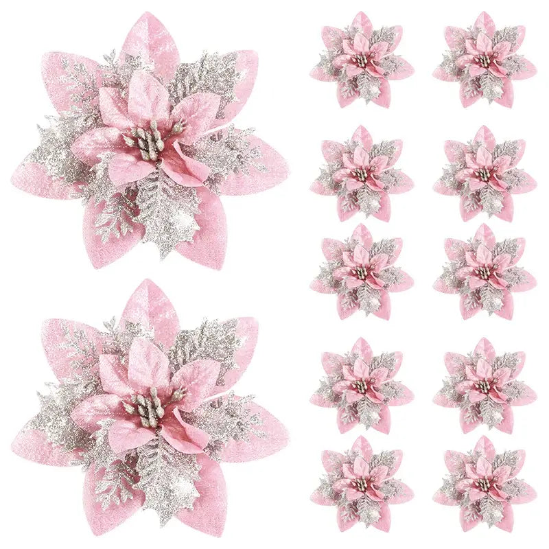 Set of 5/10 Glitter Pink Christmas Ornaments featuring shimmering pink poinsettia flowers with silver accents. Ideal for tree, wreath, or garland decoration.