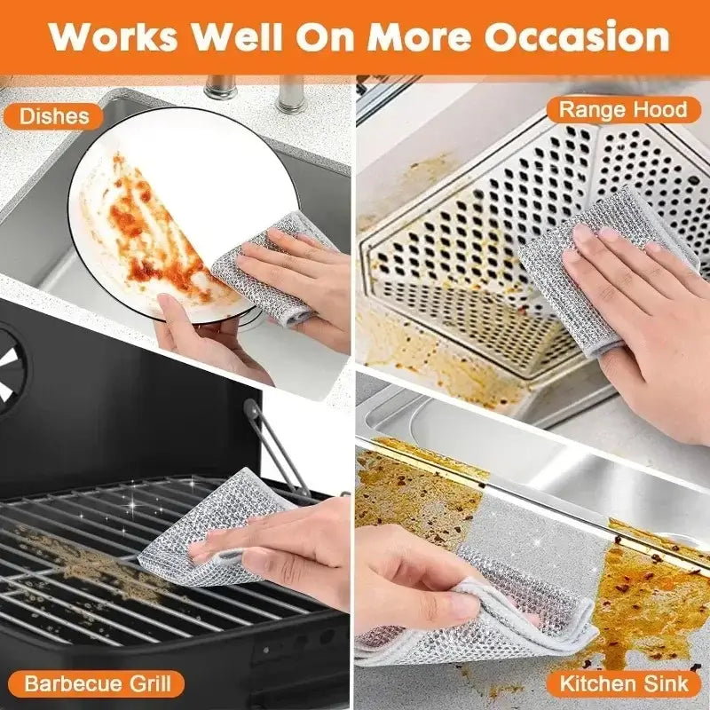 Magic Dishcloth Silver Wire cleaning dishes, range hood, grill, and sink, proving its effectiveness on various household surfaces.