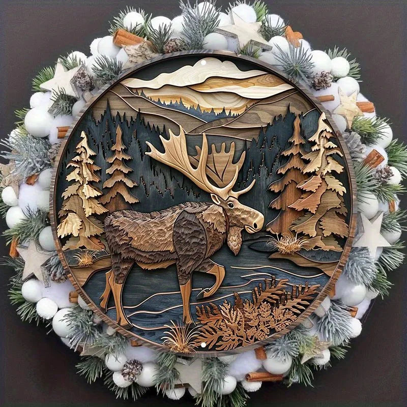 Moose Wall Art - Silhouette Metal Sign for Decor displayed in a festive wreath, showcasing its versatility for seasonal home decoration.