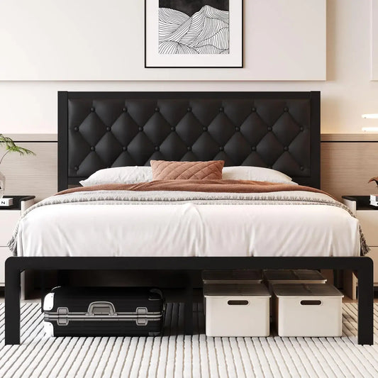 Queen Bed Frame with Headboard featuring cushioned PU leather and strong metal support, with under-bed storage for bins and luggage.