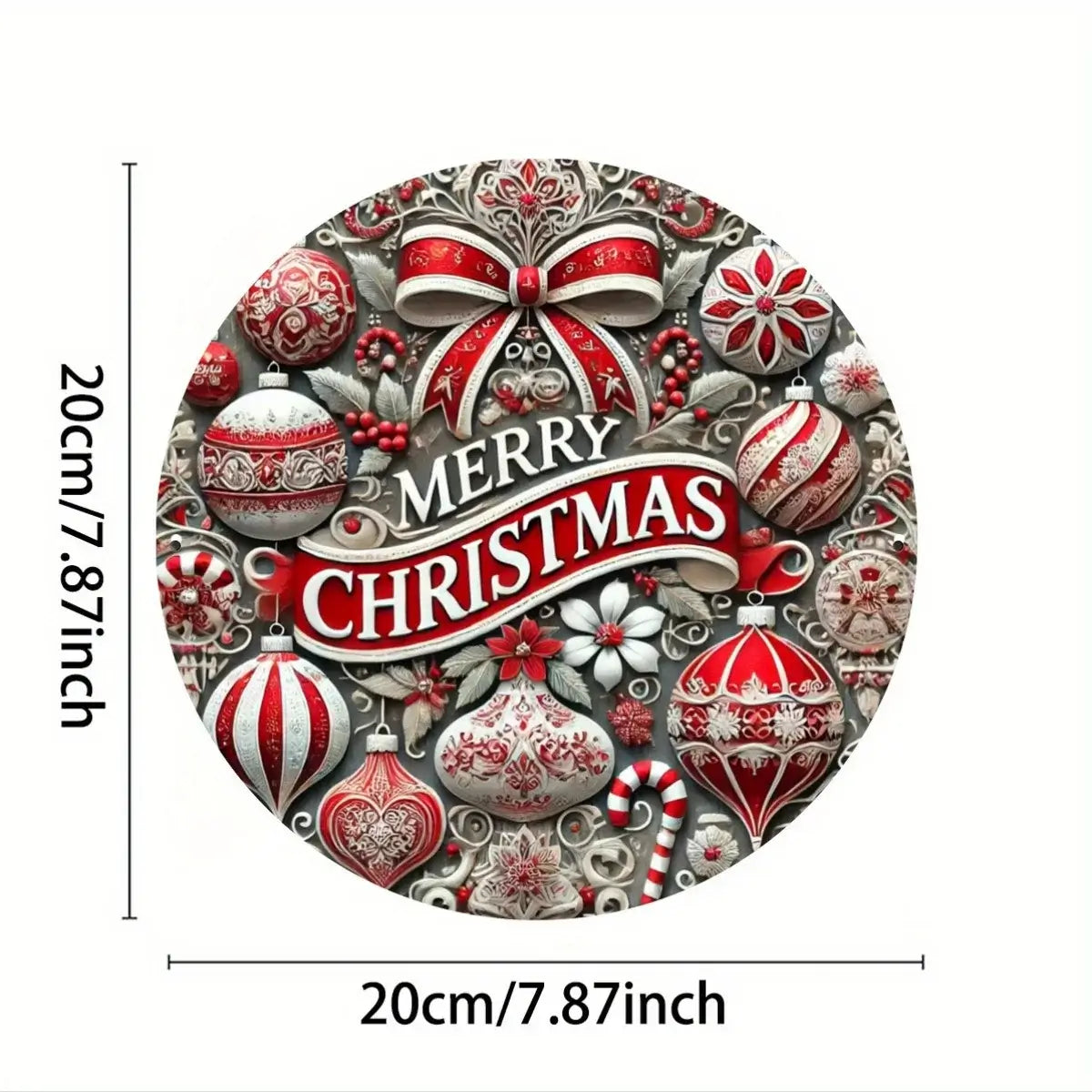 Candy Wreath Metal Sign with size dimensions 7.87x7.87 inches, featuring red and white festive elements for versatile wall decor.