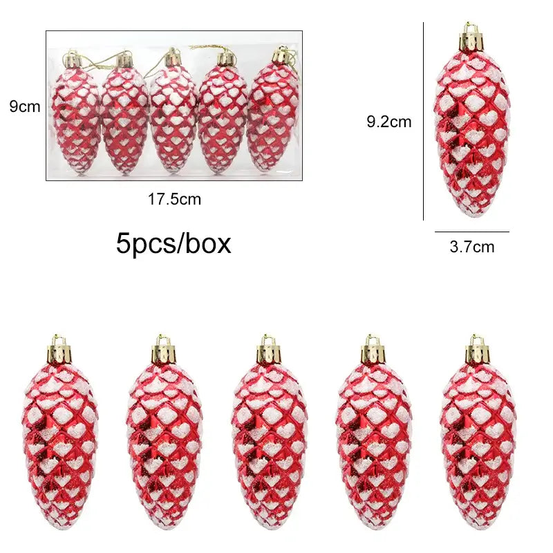 Red 5Pcs Christmas Pinecone Hanging Pendants set with dimensions, ideal for rustic holiday tree decorations.