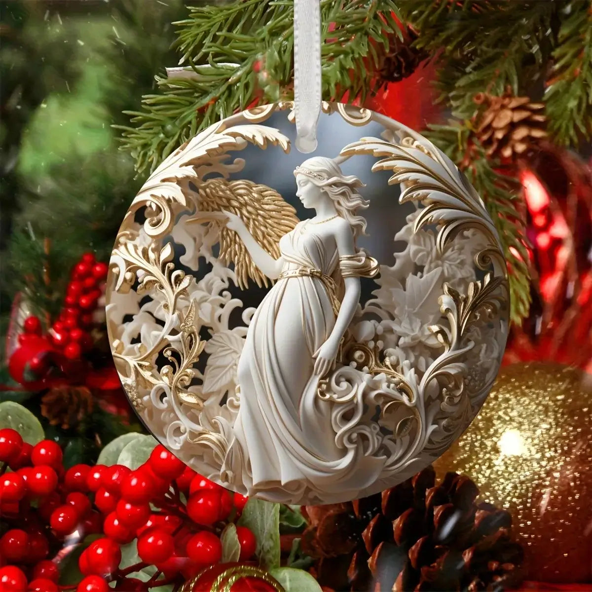 Acrylic Angel Hanging Decoration surrounded by red berries and ornaments, enhancing holiday décor with soft lighting and serene beauty.