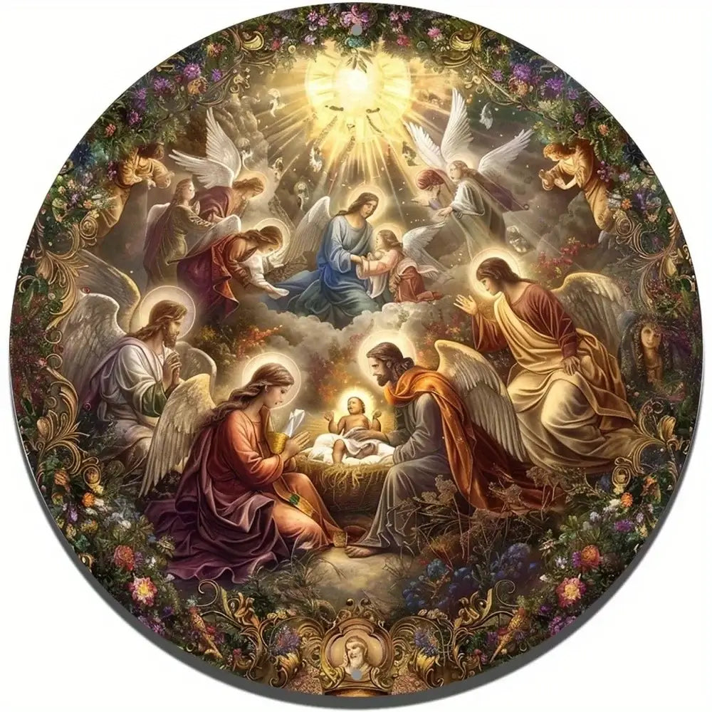 Vintage aluminum metal sign with round Nativity scene featuring angels and holy family, ideal for indoor and outdoor holiday decor.
