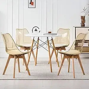 Champagne transparent 5-piece round dining table set with clear chairs and wood legs, perfect for elegant, space-saving dining.
