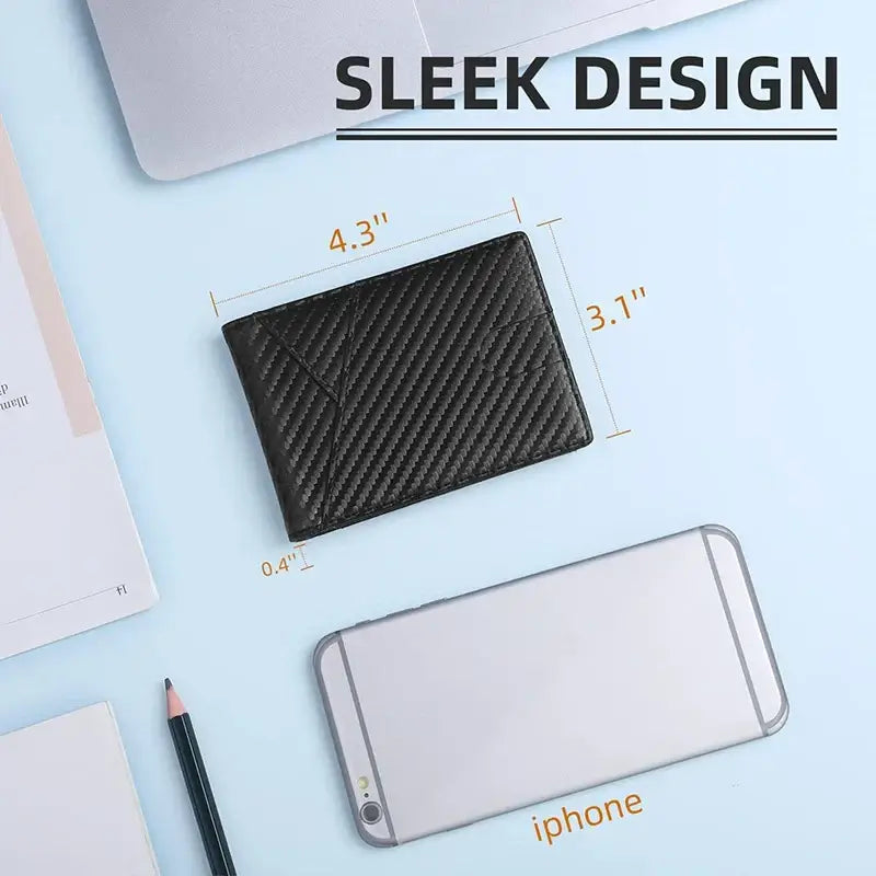 Sleek bifold RFID wallet with compact 4.3 x 3.1 inch dimensions, shown beside an iPhone for size comparison.