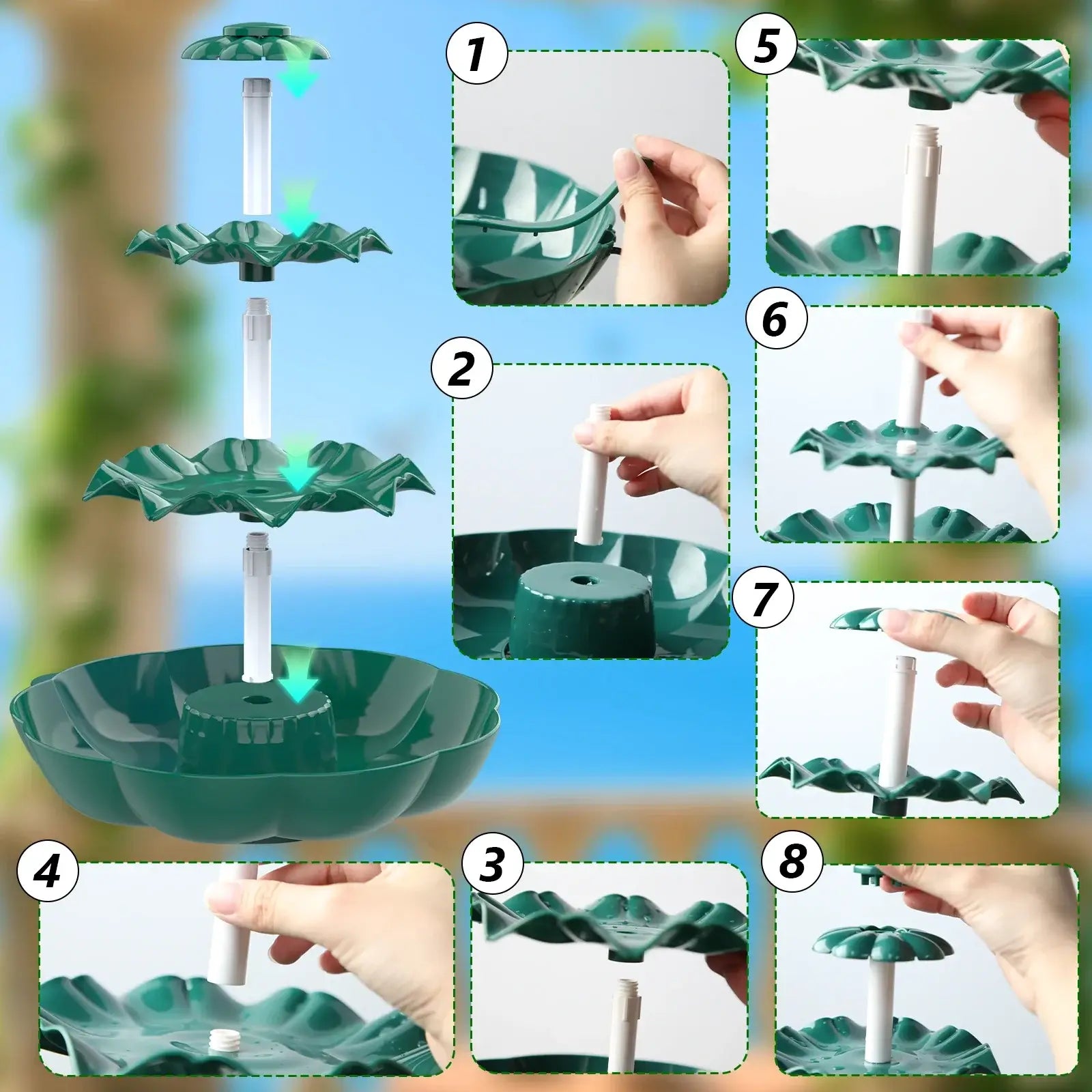 Step-by-step assembly guide for the 3-Tier USB Bird Bath Fountain, showing easy setup process for bird lovers.