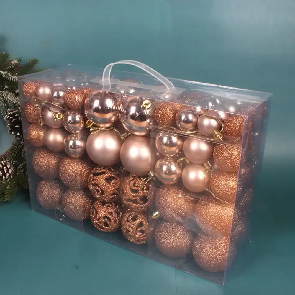 Rose gold 100PCS Plastic Christmas Ball Set with shiny and glitter finishes, ideal for chic and modern Christmas decor.