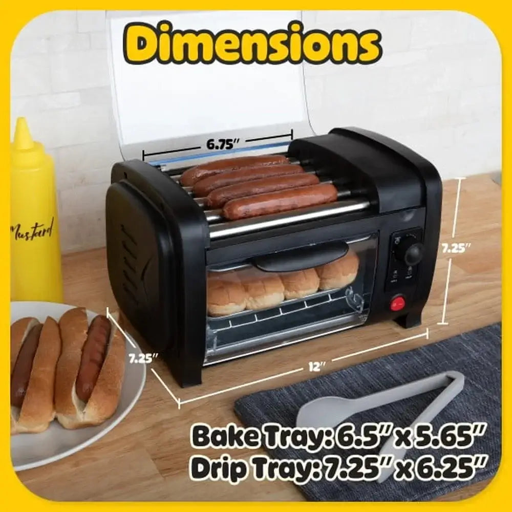 Stainless Steel Hot Dog Roller with Bun Warmer dimensions labeled, showing bake and drip tray sizes for kitchen appliance shoppers.