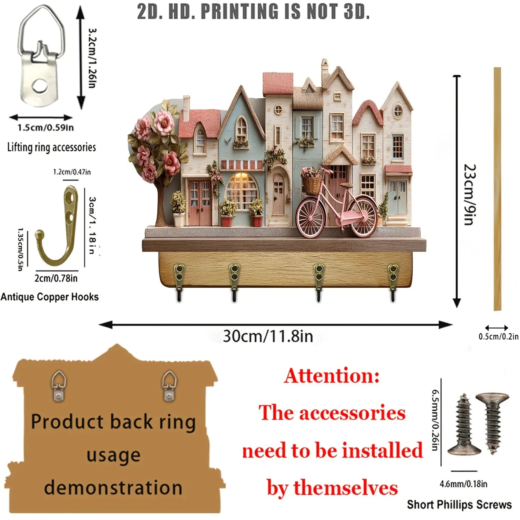 2D,12in Retro Country Dreamy Fairy Tale Cottage Wooden Key Holder