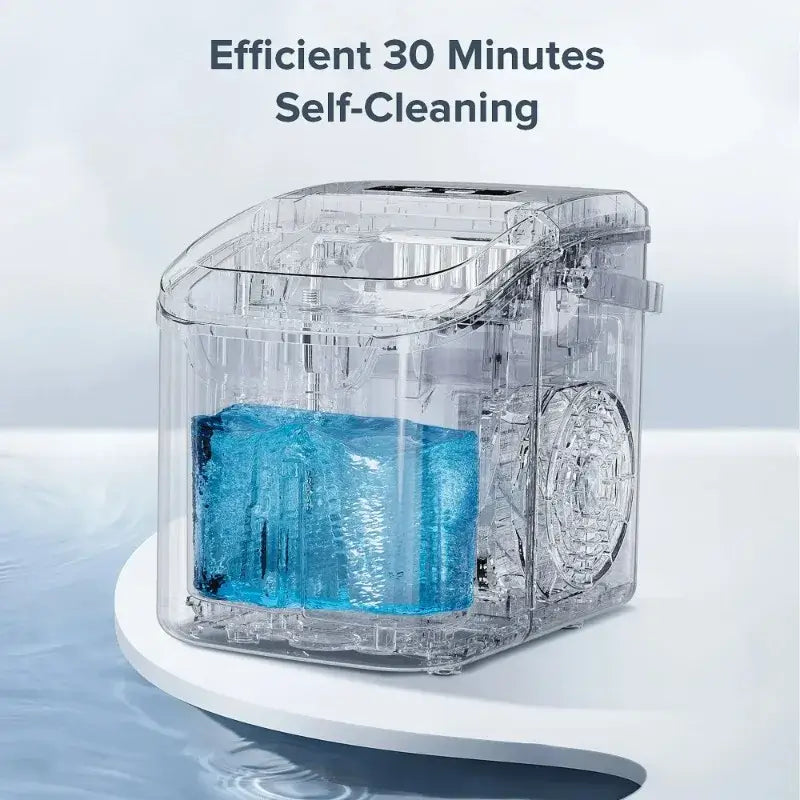 Transparent view of Auseo Ice Maker highlighting 30-minute self-cleaning function, ensuring hygiene and easy maintenance at home.