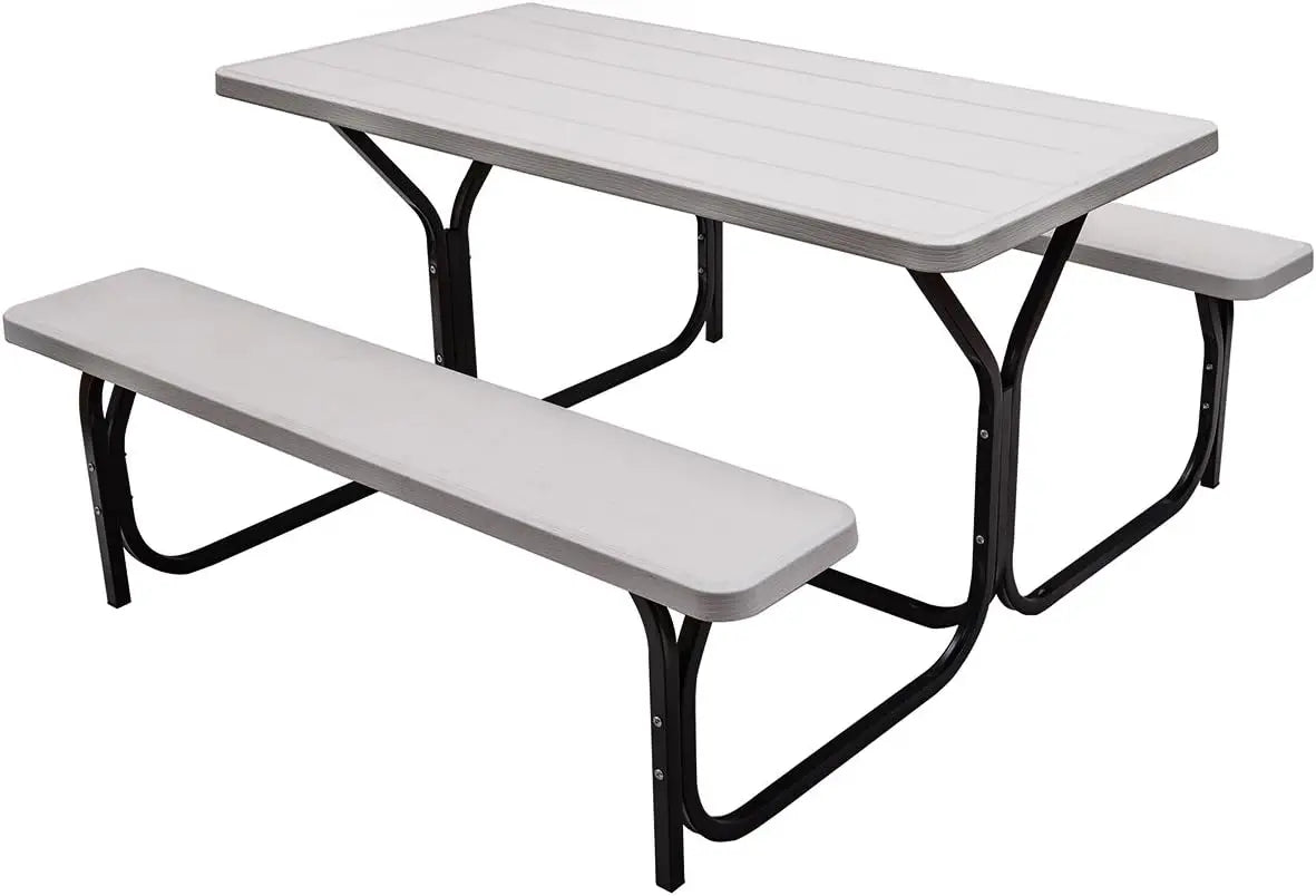 White All Weather Picnic Table Set with UV-protected surface and rust-resistant steel frame for outdoor durability.