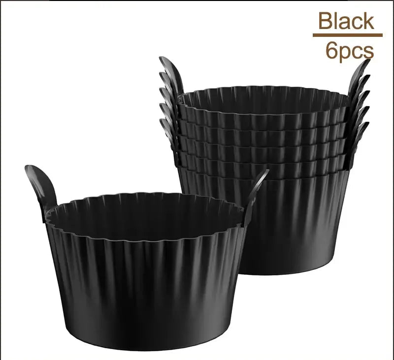 Set of 6 black Air Fryer Silicone Egg Cups for batch cooking. Flexible, non-stick silicone perfect for egg muffins and mini quiches.