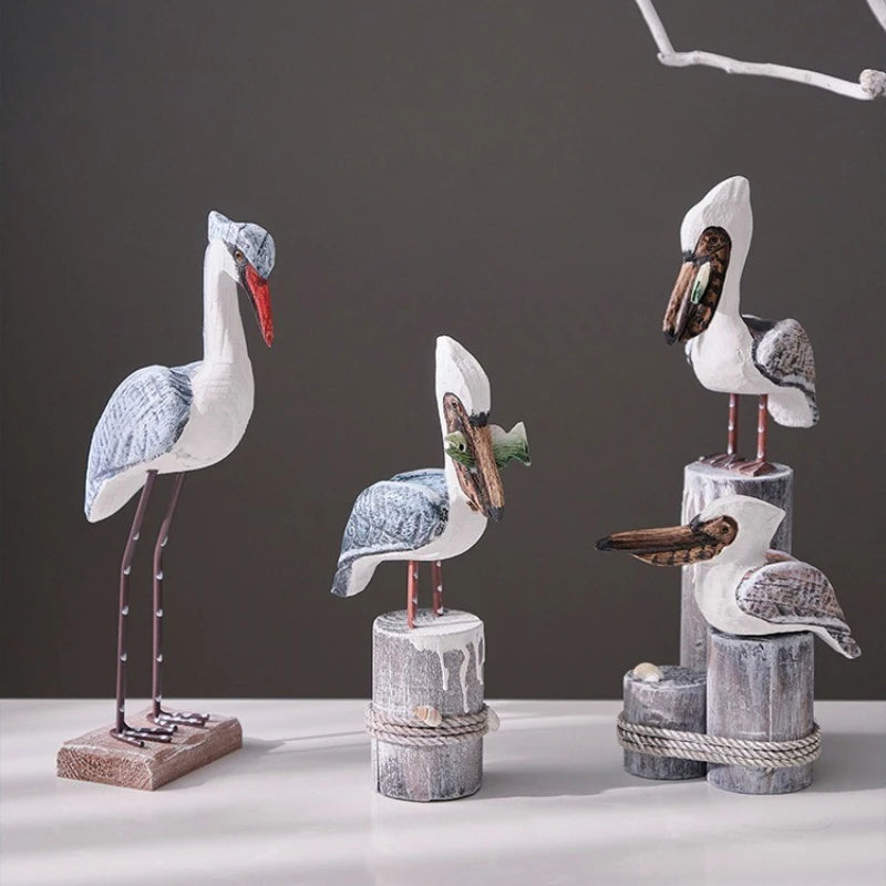 Wooden Seagull Nautical Beach Figurine Ornaments Mediterranean Style