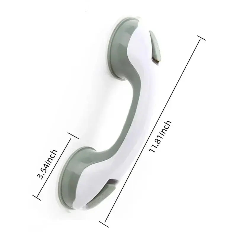 Shower Safety Handle Anti Slip Support with vacuum suction cups, measuring 11.8 inches long and 3.54 inches wide, ideal for bathroom safety.