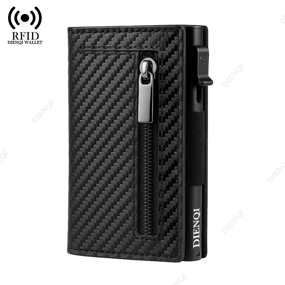 Carbon fiber textured RFID Credit Card Holder - Men's Wallets with zipper and pop-up card slot for modern, secure storage.