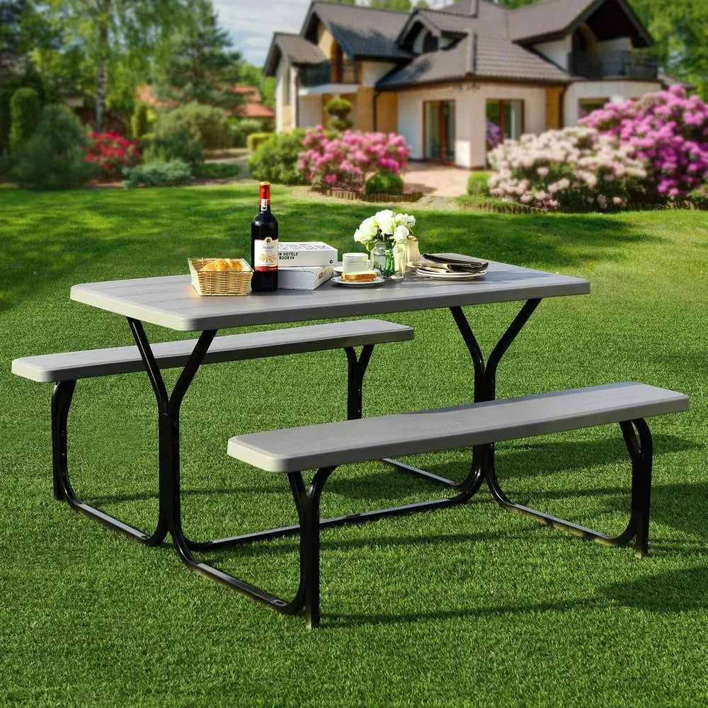 All Weather Picnic Table Set with durable metal base and wood-like texture, ideal for outdoor dining in gardens or patios.
