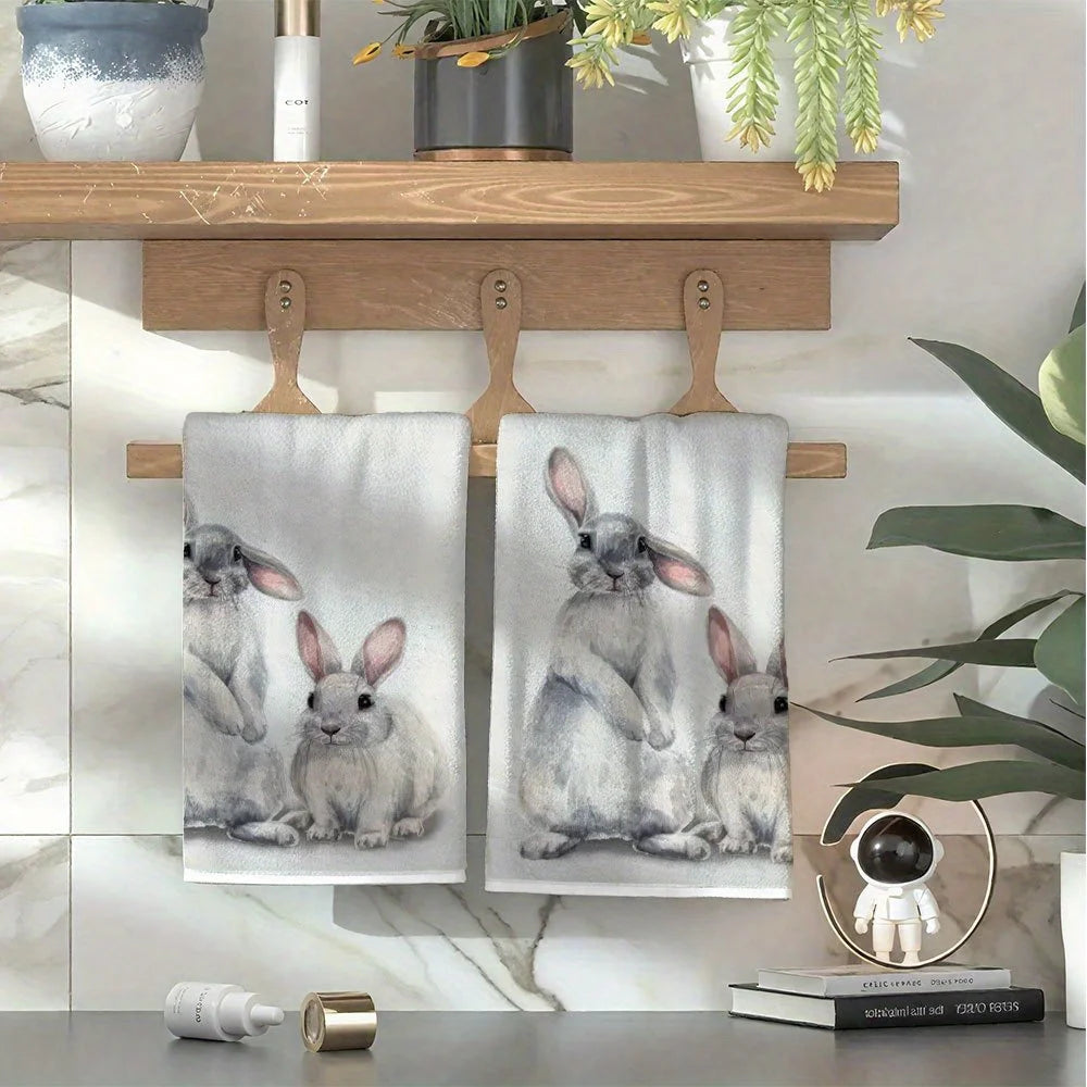 2Pcs, Hand-Painted Gray Rabbit Kitchen Towels Set