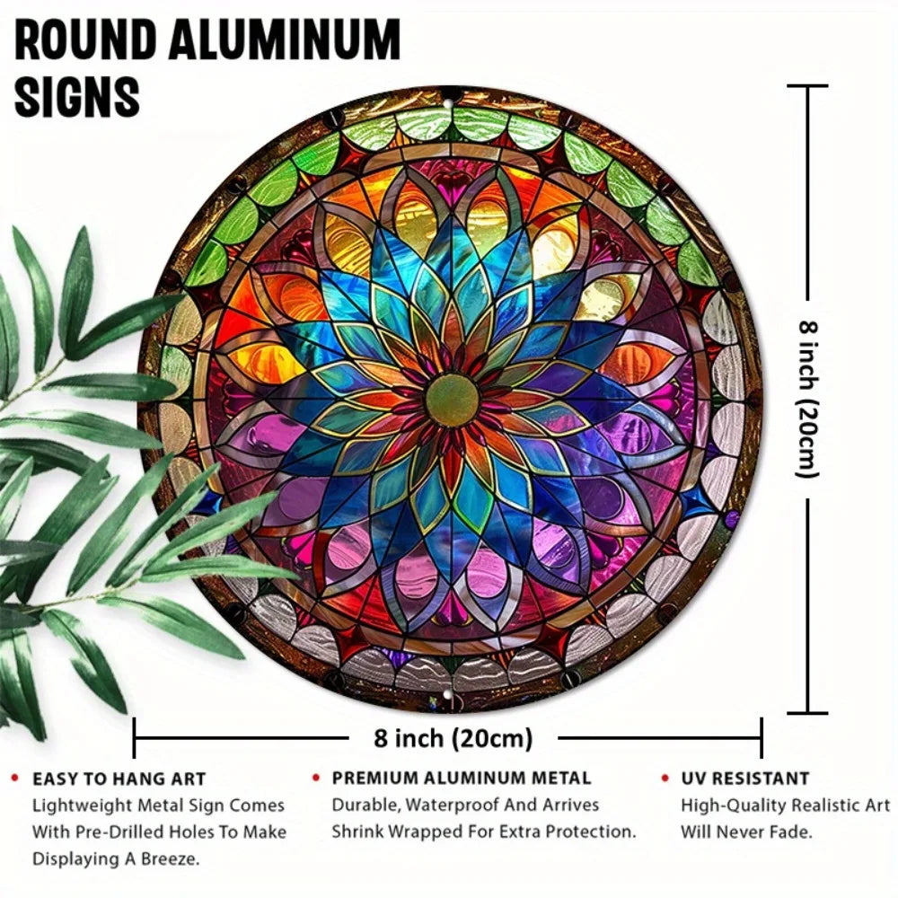 Round Mandala Aluminum Art Sign with size and feature details, highlighting 8-inch diameter, UV resistance, and waterproof aluminum material.