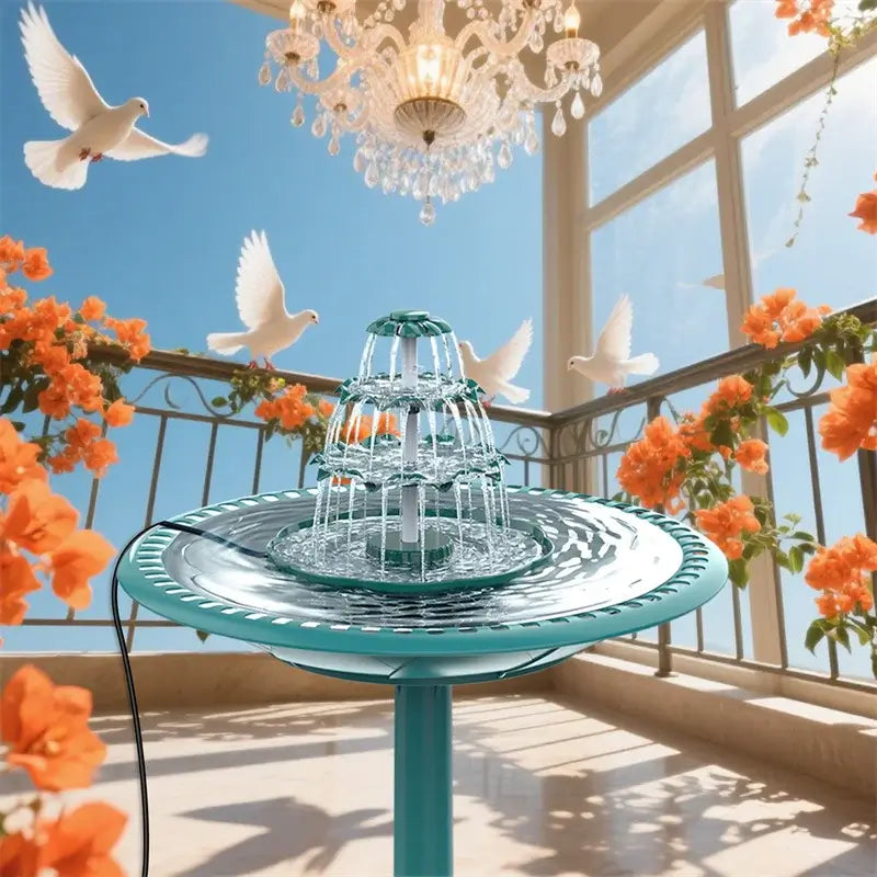 USB Bird Bath Fountain on a balcony with orange flowers and doves, enhancing outdoor decor and bird attraction.