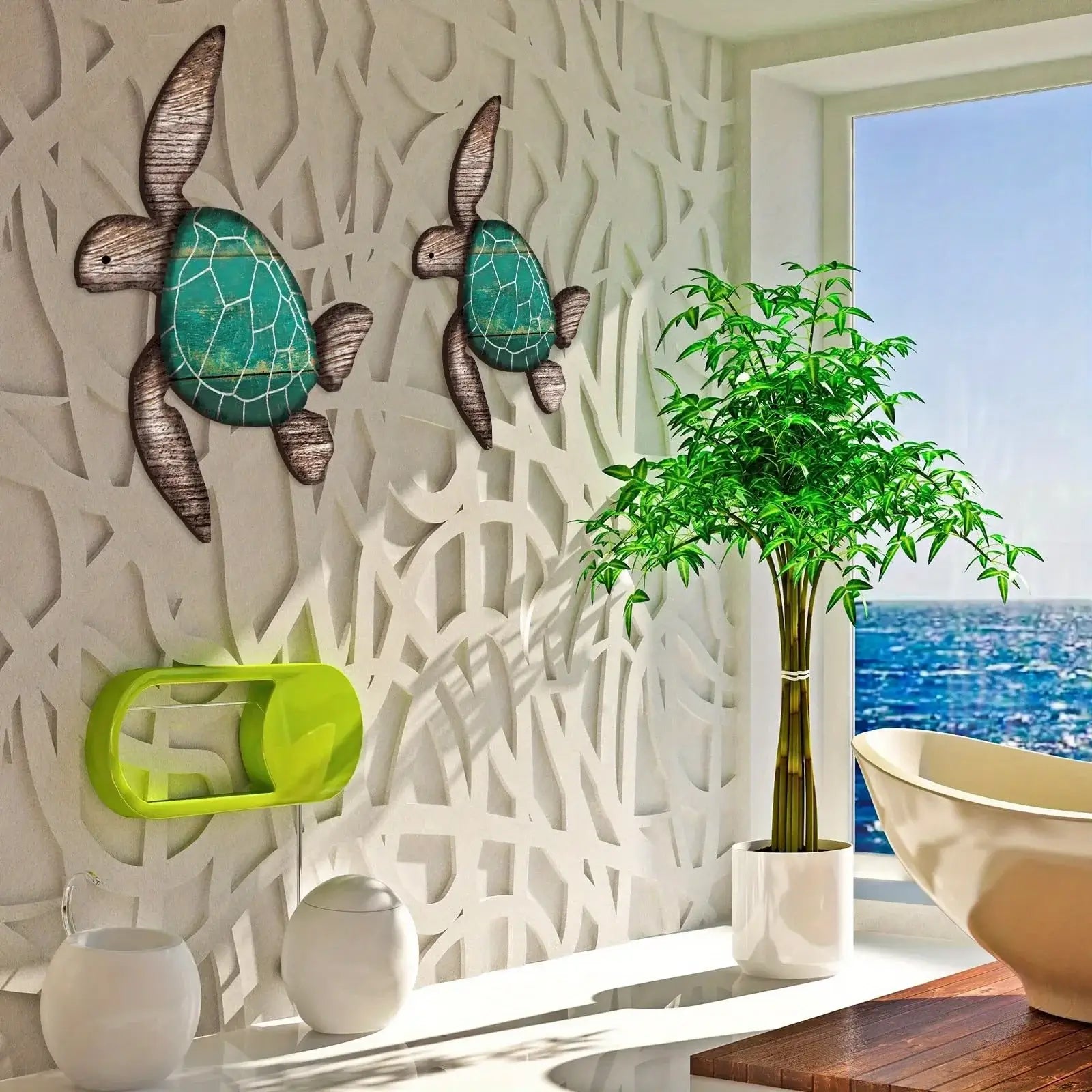 Handcrafted Wooden Turtle Wall Hanging Set on a textured wall near a window with ocean view, ideal for nautical-themed bathroom decor.