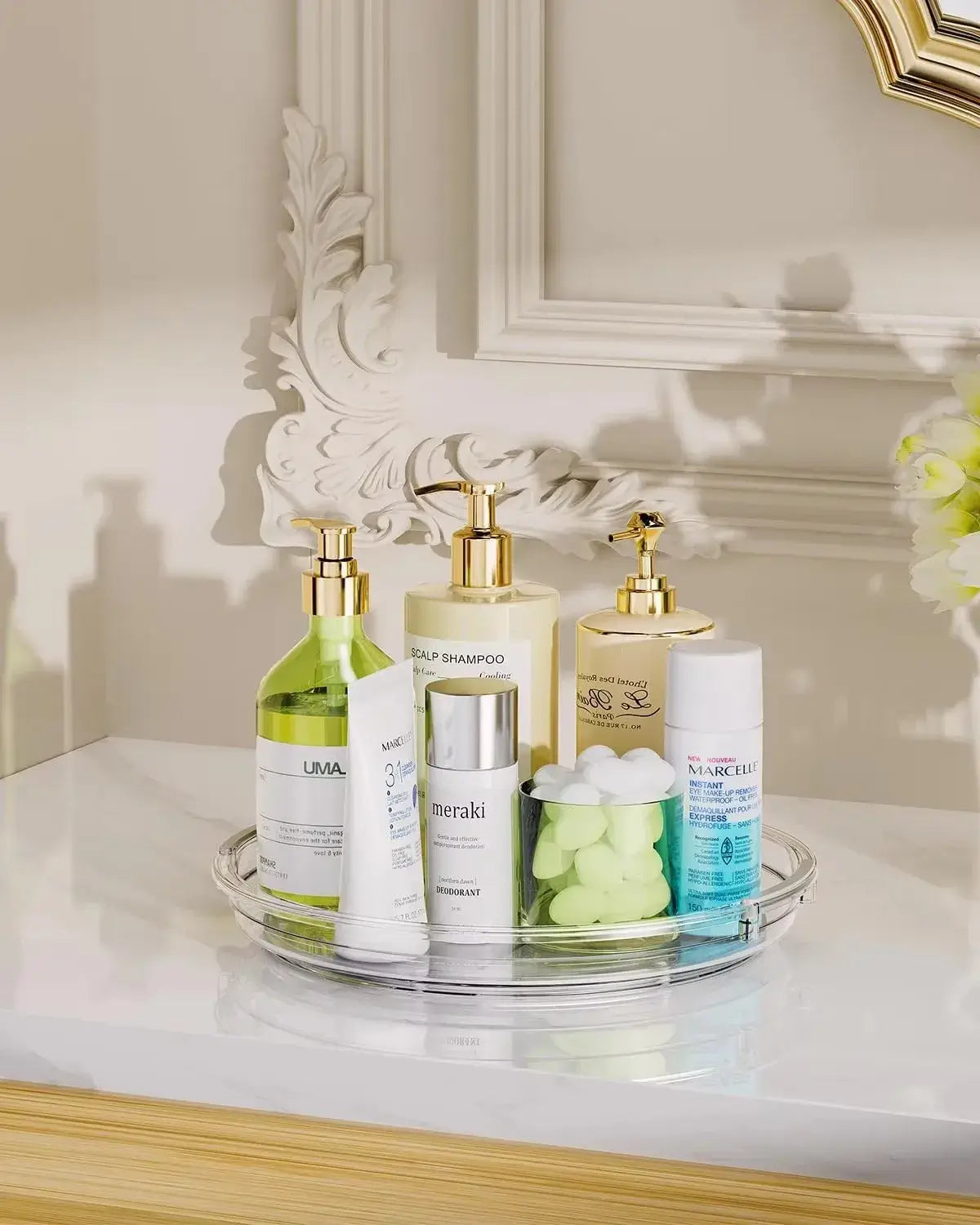 360 Rotating Cabinet Organizer used in bathroom to store shampoo, lotion, and skincare bottles. Perfect for organizing toiletries with smooth rotation.