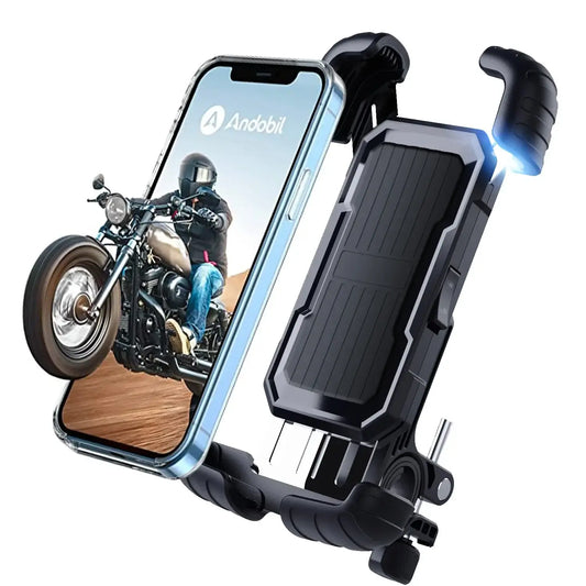 360° View Phone Holder - Motorcycle Bicycle Compatible securely grips a smartphone with cushioned clamps and high-speed locking mechanism.