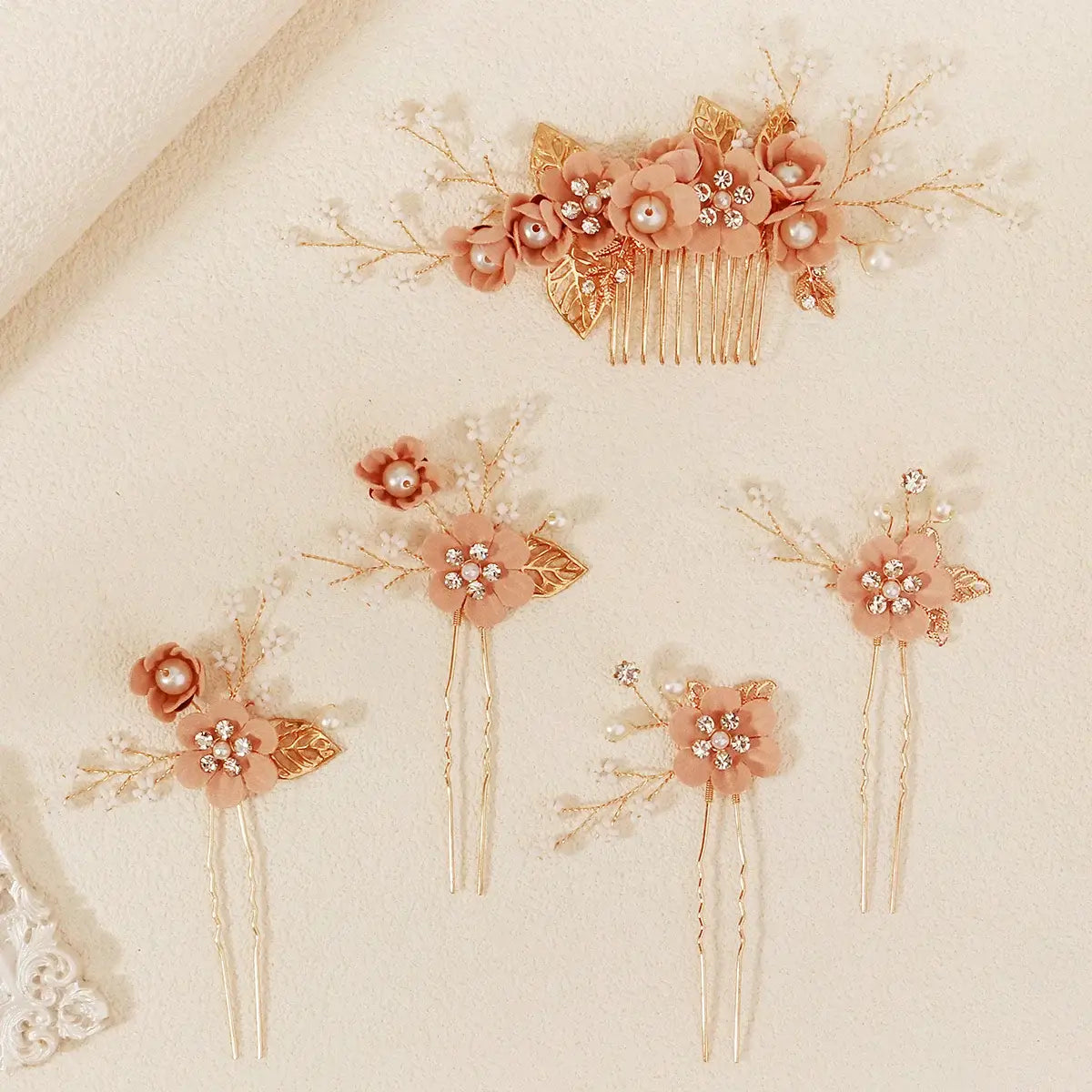 Peach-toned 3PK Handmade Flower Hair Pin Set with floral and pearl accents, designed for weddings, proms, or elegant events.