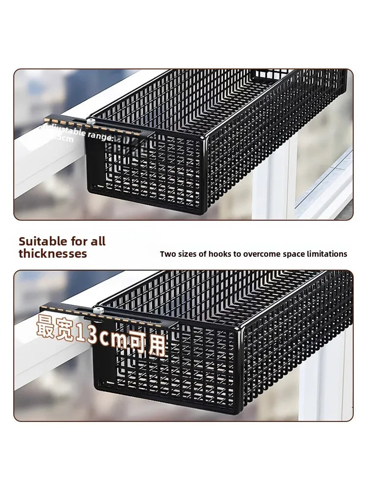 Adjustable Balcony Plant Stand Windowsill with two hook sizes for universal railing fit. Sturdy black metal construction for outdoor use.