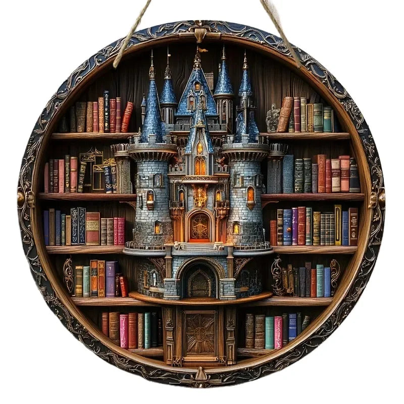 Detailed castle bookshelf design on a circular wooden welcome sign, perfect for Christmas-themed home and garden wall decor.