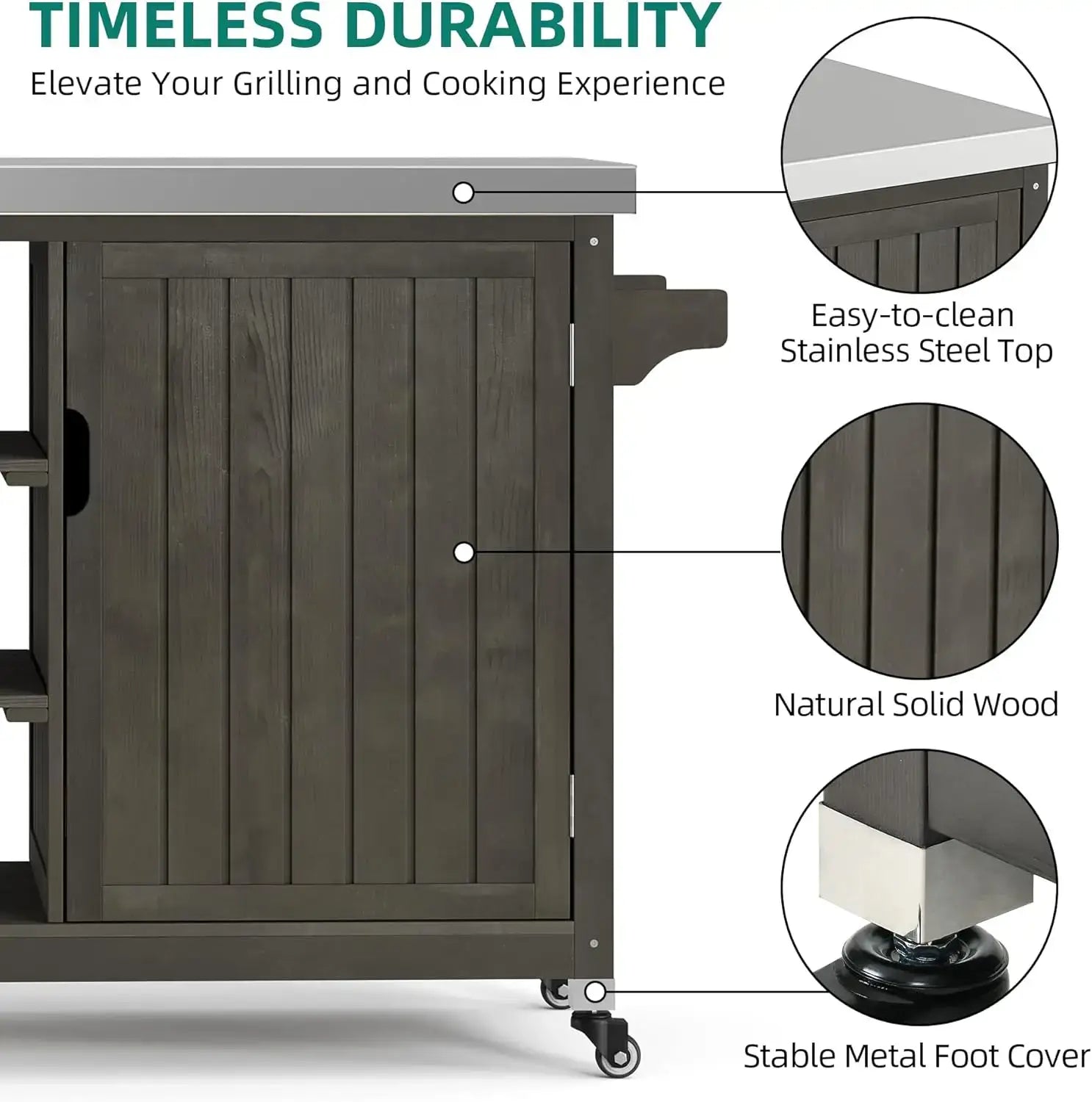 Close-up of XL Grill Cart highlighting stainless steel top, solid wood build, and stable metal foot cover for durability.
