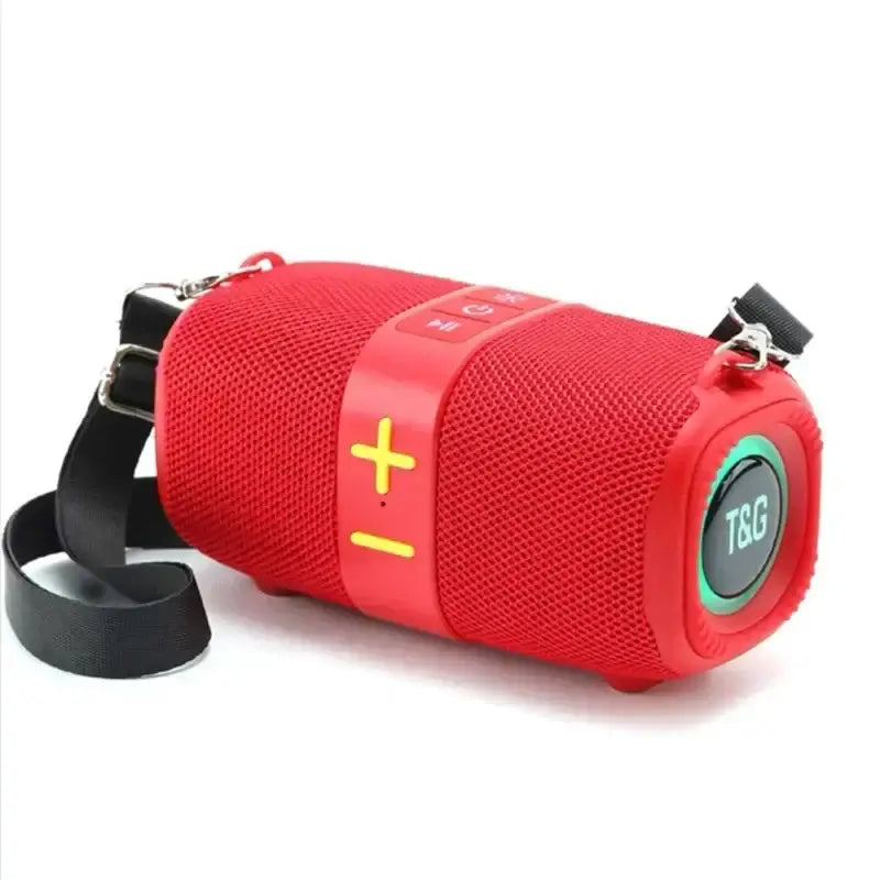 Red Crossbody Bluetooth Speaker with yellow LED light and strap. High-power 50W portable speaker for vibrant audio on the go.