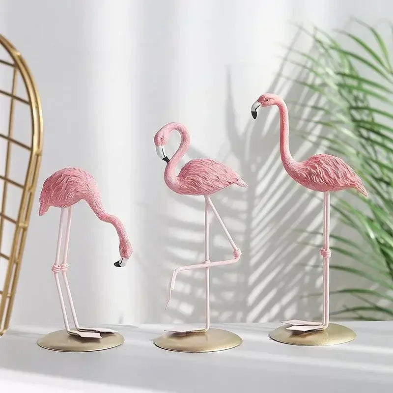 Set of three Creative Resin Flamingo Figurines with pink feathers and gold bases, perfect for vibrant home or garden decoration.