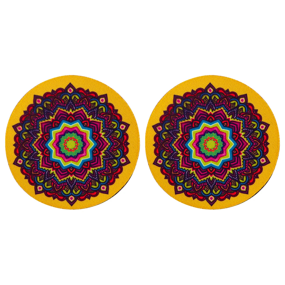 Pair of bold red and purple Vintage Mandala Car Cup Mats on yellow background, ideal for colorful and protective car decor.