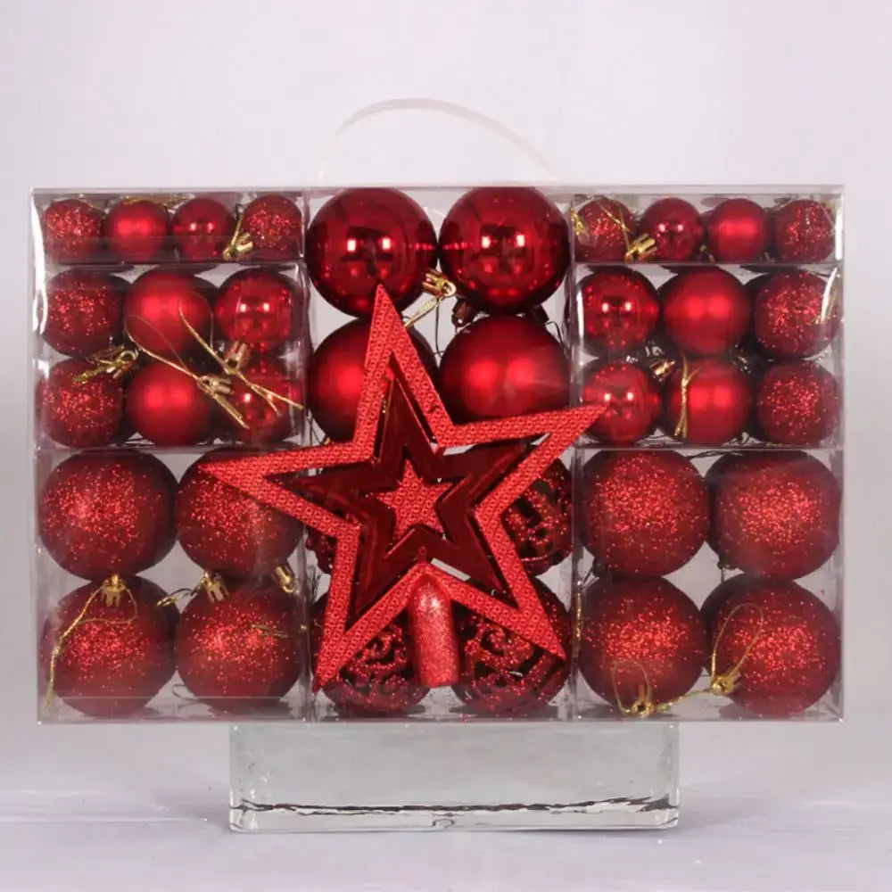 Red 100PCS Plastic Christmas Ball Set with matching red star tree topper, ideal for cohesive Christmas tree styling.