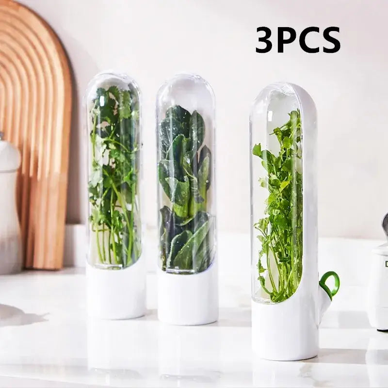 Set of 3 Herb Saver Storage Containers with clear lids and white bases, ideal for keeping herbs fresh in the fridge for up to 3 weeks.