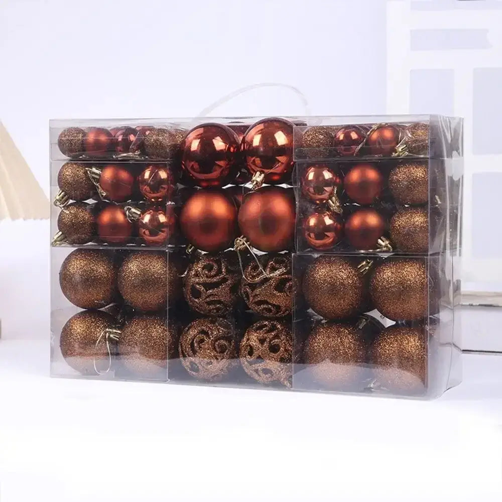 Brown 100PCS Plastic Christmas Ball Set with matte and glitter textures, ideal for rustic and earthy Christmas decor themes.