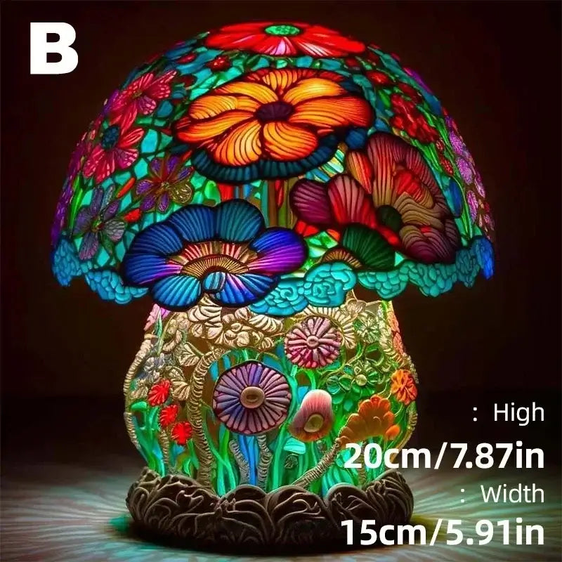 Colorful floral stained glass table lamp B with mushroom base, 20cm high and 15cm wide. Artistic lighting from the Stained Plant Series.