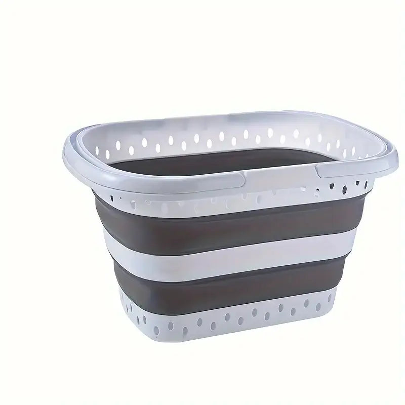 Portable large-capacity foldable laundry basket in gray and white, designed for efficient home laundry storage.