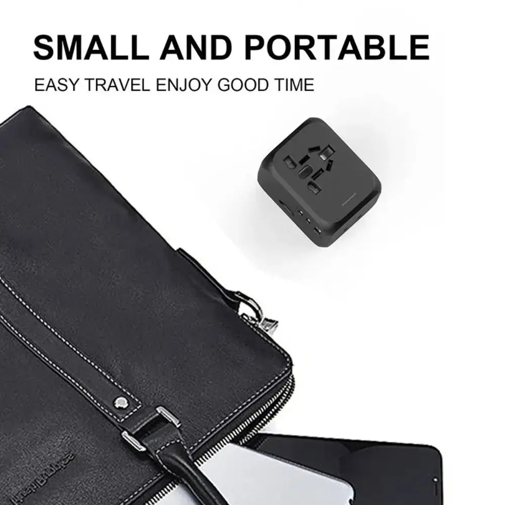 Compact Universal Travel Plug Adapter shown next to a travel bag, highlighting its small and portable design for convenient international use.