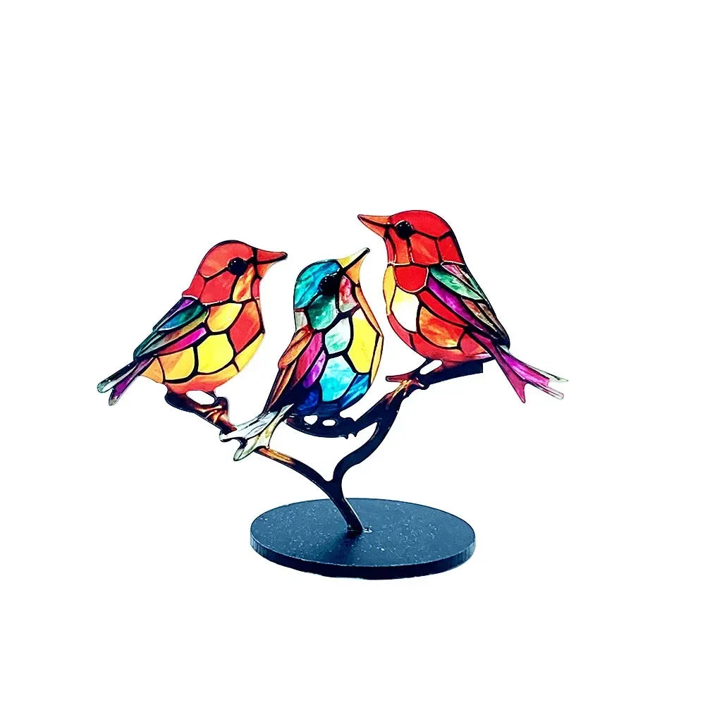 Multicolor Birds-Stained Acrylic Birds on Branch Desktop Ornaments Double Sided Multicolor -