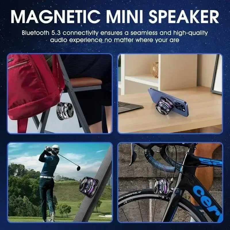 G200 RGB magnetic mini Bluetooth speaker shown attached to various surfaces like backpacks and bikes, ideal for travel and outdoor use.