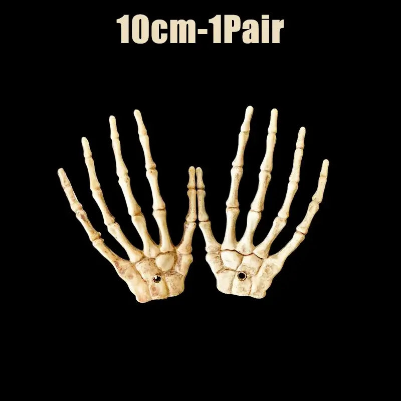 Pair of 10cm skeleton hand Halloween props. Ideal for spooky garden or tabletop decorations.