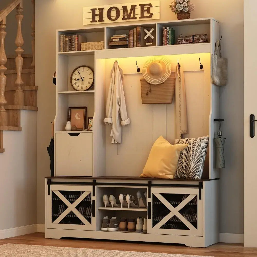 75''H LED Farmhouse Hall Tree White Bench Shoe Storage