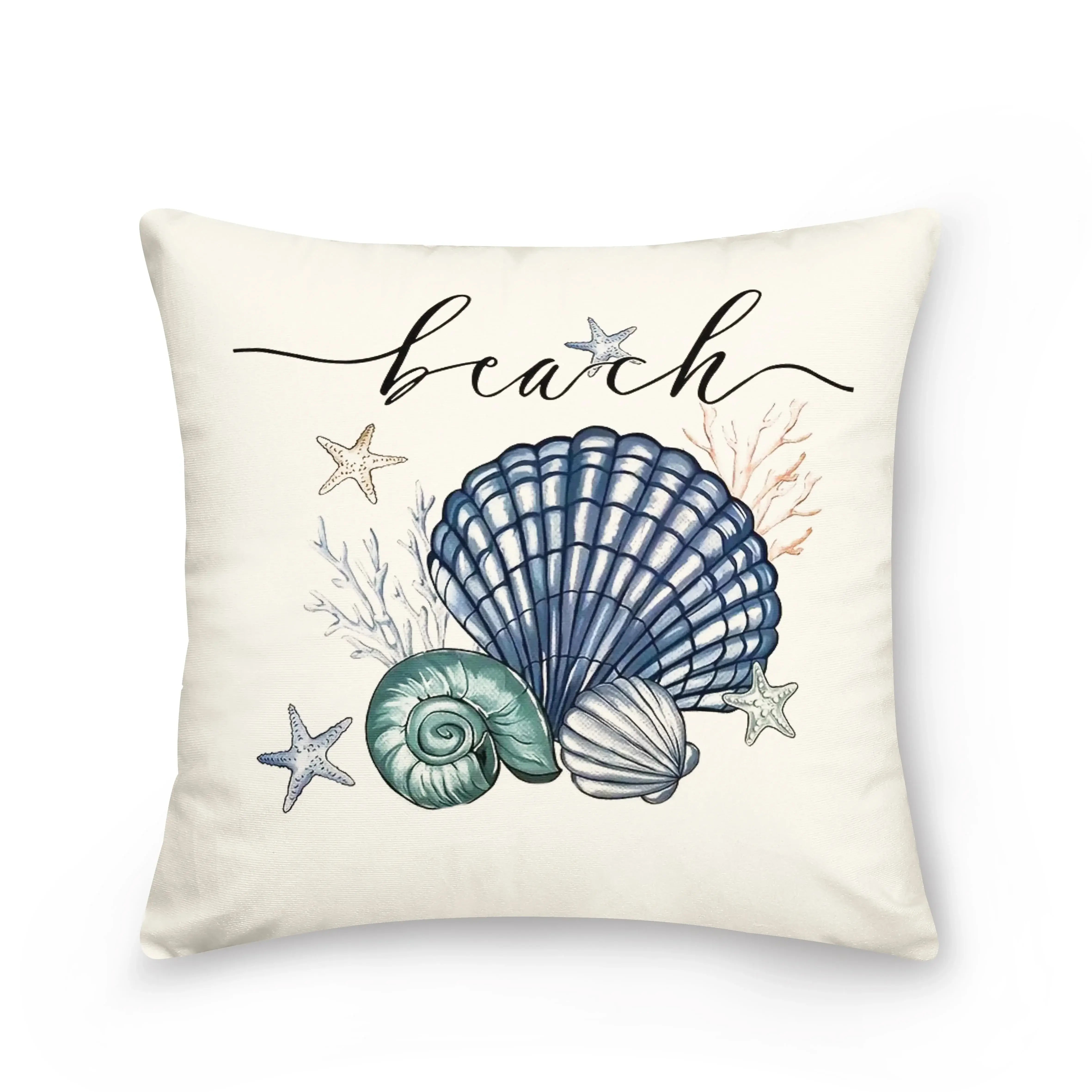 Beach-themed Ocean Home Decor Pillowcase with seashells and 'beach' text. Soft fabric cushion cover for coastal living room decor.