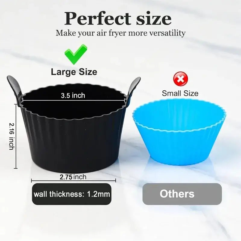 Size comparison of large Air Fryer Silicone Egg Cup vs small cup. Large 3.5-inch non-stick design fits most air fryers for efficient cooking.