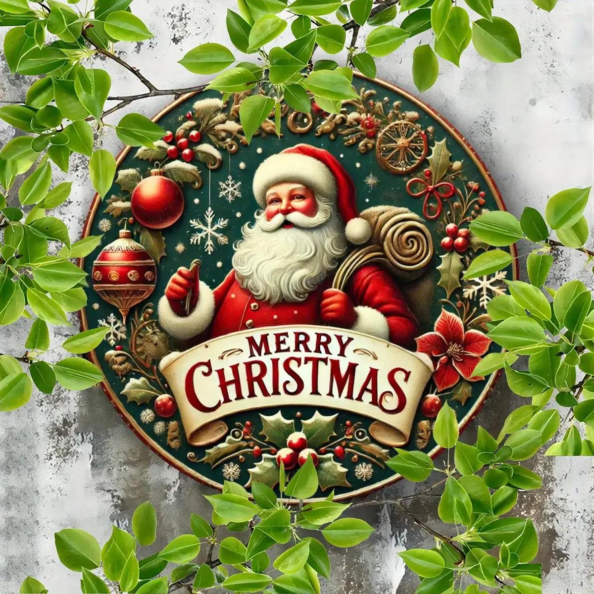 Santa Claus Christmas Metal Sign, Round 2D Plaque