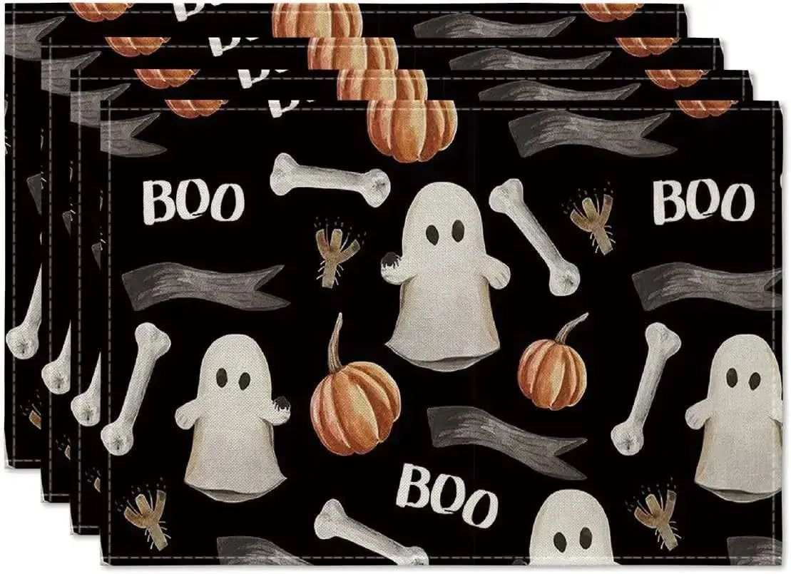4PCS Halloween Table Placemats - Linen with pumpkins, bones, and ghosts on black background. Playful spooky table accent.