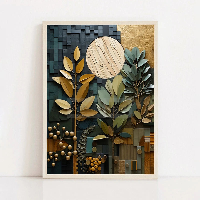 Boho Wood Shapes Botanical Poster Earth Tones Prints Canvas Painting Wall Art Pictures Home Room Organic Textures Modern Decor